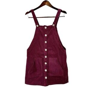Forever 21 Burgundy Corduroy Button Front Pinafore Dress Womens Medium Overall